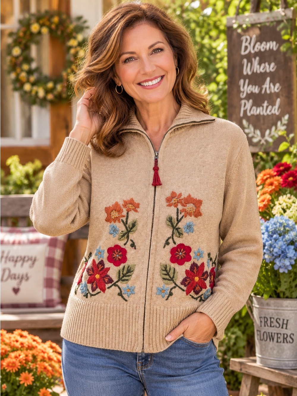 Vintage Tiara International Embroidered Floral Tan Sweater Cardigan Sz XL Zip Up